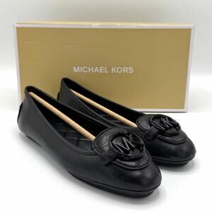 NEW Michael Kors Lillie Moc Flats Black Leather MK Logo Ballet Shoes Sz 5.5